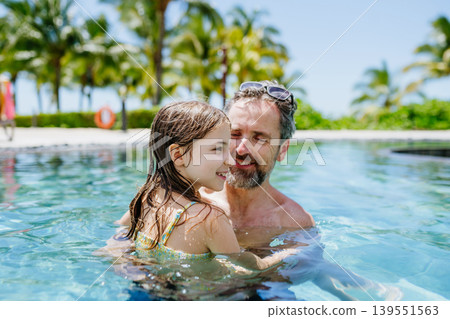 Family playing in tropical resort pool, child with diabetes wears glucose monitor. Family playing in tropical resort pool, child with diabetes wears glucose monitor. 139551563