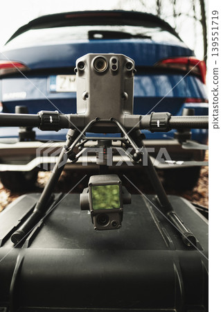 Modern aerial drone with high resolution camera ready for flying. Modern aerial drone with high resolution camera ready for flying. 139551719