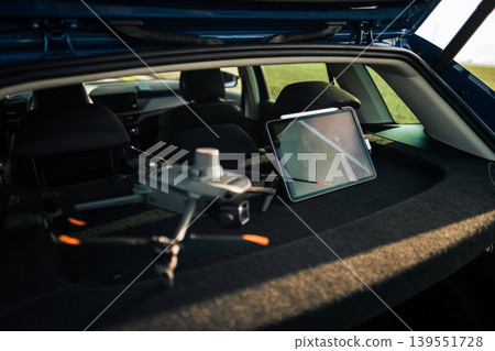 Professional drone equipment with tablet in car trunk ready for flying. 139551728