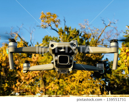 Modern aerial drone with high resolution camera in flight. Modern aerial drone with high resolution camera in flight. 139551731