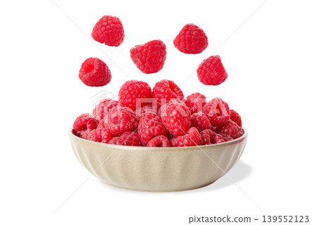 Bowl of fresh raspberries, some airborne, PNG Bowl of fresh raspberries, some airborne, PNG 139552123