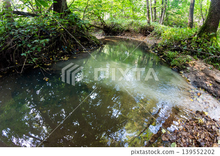View of a forest river with garbage along the banks where a muddy stream flows into View of a forest river with garbage along the banks where a muddy stream flows into 139552202