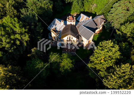 Landscape from above with a view of an old mansion among a green forest. Turliki Estate, Russia Landscape from above with a view of an old mansion among a green forest. Turliki Estate, Russia 139552220