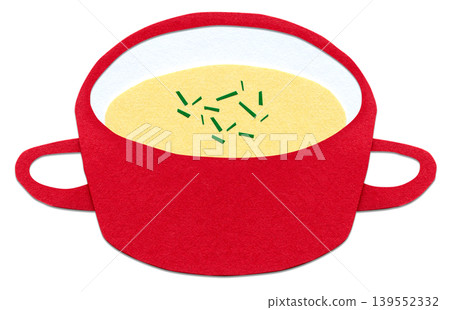 A collage illustration of corn chowder; a cute soup design in a red cup. A collage illustration of corn chowder; a cute soup design in a red cup. 139552332