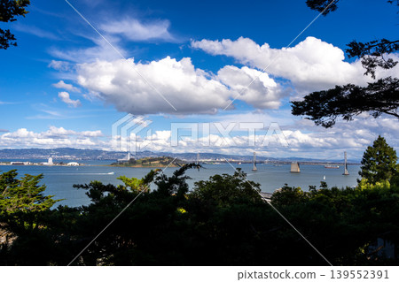 Panoramic view of San Francisco Bay and lush greenery, USA 139552391
