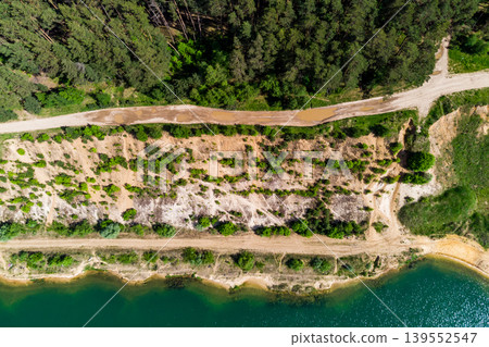 Drone aerial view of flooded sand quarry slope Drone aerial view of flooded sand quarry slope 139552547