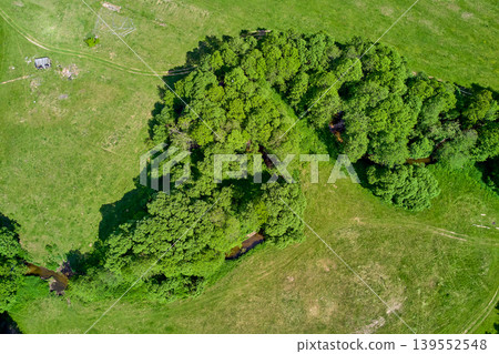 A small river bed with overgrown banks meandering through a field, aerial view 139552548