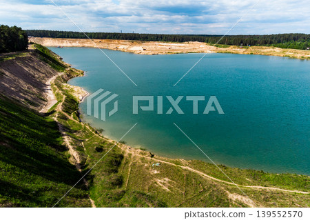 Aerial view of a large flooded sand quarry. Bolotsky quarry, Kaluga region, Russia 139552570