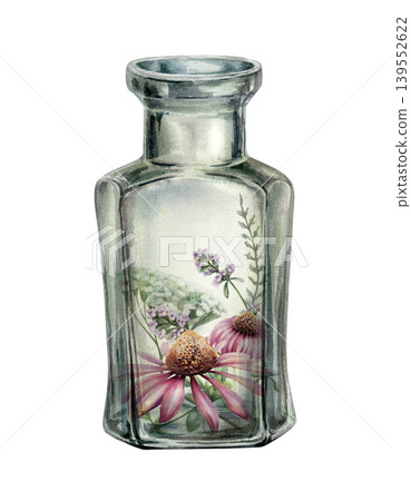 Medicinal herbs in glass bottle watercolor illustration. Vintage apothecary jar with echinacea, yarrow and thyme for pharmaceutical packaging, herbal essence branding and organic medicine design Medicinal herbs in glass bottle watercolor illustration. Vintage apothecary jar with echinacea, yarrow and thyme for pharmaceutical packaging, herbal essence branding and organic medicine design 139552622