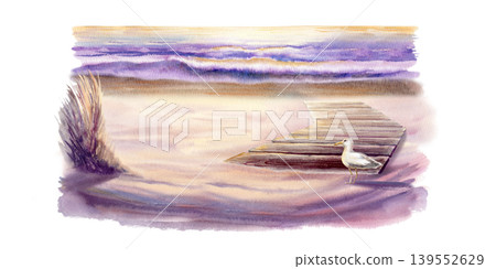Lone seagull rests on a sandy shore framed by pampas grass and wooden boardwalk,bathed in golden sunset light close the sea.Watercolor with luminous washes for wall art,travel branding,peaceful nature Lone seagull rests on a sandy shore framed by pampas grass and wooden boardwalk,bathed in golden sunset light close the sea.Watercolor with luminous washes for wall art,travel branding,peaceful nature 139552629