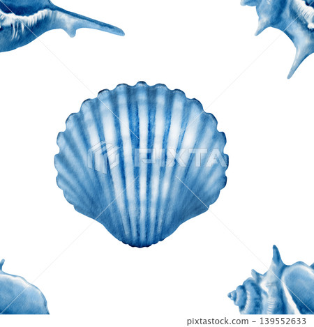 Delicate ribbed seashell,twisted spiky seashell in monochrome seamless pattern,hand drawn illustration in soft blue watercolor with subtle texture.For coastal themes,ocean inspired design,restaurant Delicate ribbed seashell,twisted spiky seashell in monochrome seamless pattern,hand drawn illustration in soft blue watercolor with subtle texture.For coastal themes,ocean inspired design,restaurant 139552633