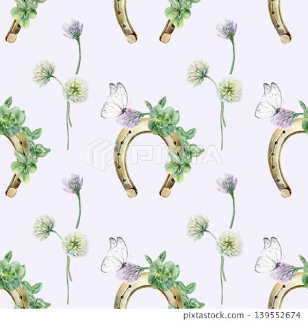 Seamless pattern of horseshoe,shamrock leaves,lilac and white clovers flowers,delicate white butterfly Irish symbols of luck and happiness.Watercolor charming trio for St. Patricks Day,greeting cards Seamless pattern of horseshoe,shamrock leaves,lilac and white clovers flowers,delicate white butterfly Irish symbols of luck and happiness.Watercolor charming trio for St. Patricks Day,greeting cards 139552674