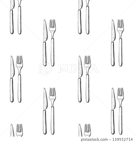 Cutlery seamless pattern in minimalist black and white vector line art. Repeating knife and fork background for restaurant textile, cafe menu design, catering service wrap and hospitality graphics Cutlery seamless pattern in minimalist black and white vector line art. Repeating knife and fork background for restaurant textile, cafe menu design, catering service wrap and hospitality graphics 139552714