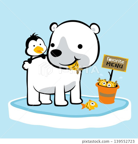 Funny polar bear with penguin eating fish, vector cartoon illustration 139552723