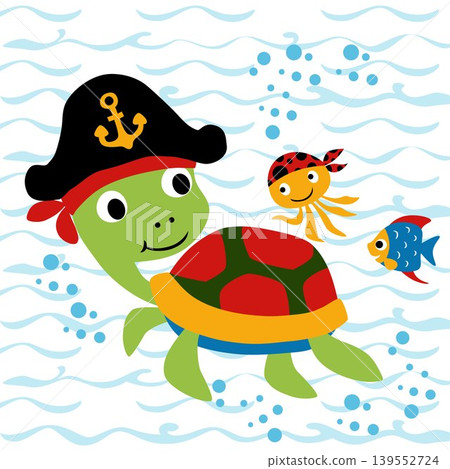 Cute turtle wearing pirate cap with squid and fish undersea, vector cartoon illustration Cute turtle wearing pirate cap with squid and fish undersea, vector cartoon illustration 139552724