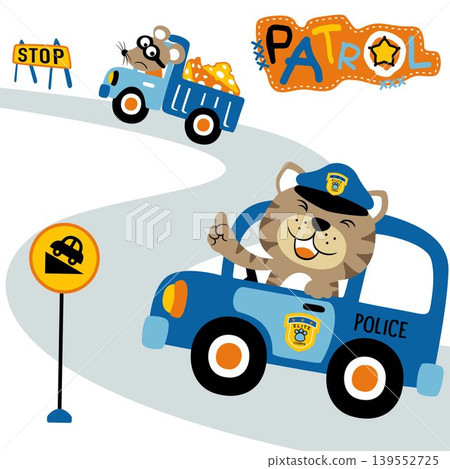 Funny cat on police car chasing mice on truck stealing cheese, vector cartoon illustration Funny cat on police car chasing mice on truck stealing cheese, vector cartoon illustration 139552725