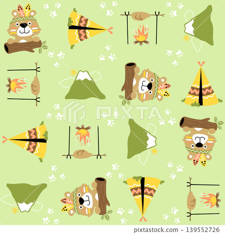 Vector cartoon seamless pattern with cute bear wearing feather headdress. Indian tribe elements Vector cartoon seamless pattern with cute bear wearing feather headdress. Indian tribe elements 139552726