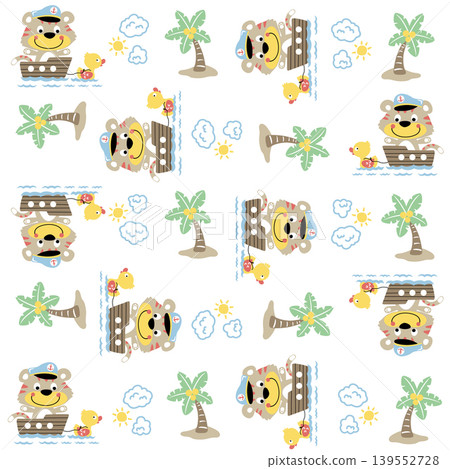 Vector cartoon seamless pattern of cat on boat pulling by duck, tropical elments Vector cartoon seamless pattern of cat on boat pulling by duck, tropical elments 139552728
