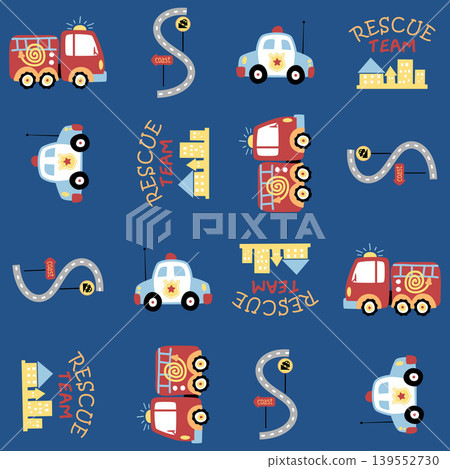 Vector cartoon seamless pattern of rescue team vehicles with traffic elements 139552730