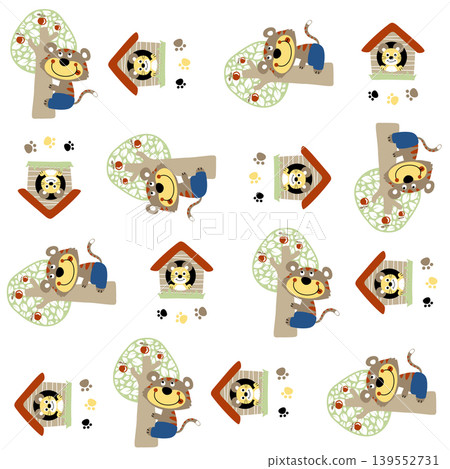 Vector cartoon seamless pattern of funny cat climbing a tree with mouse in it cage 139552731