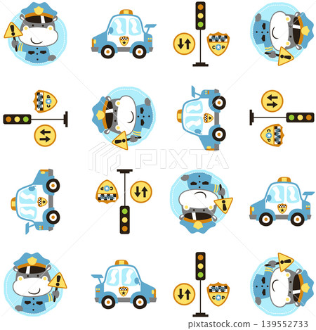 Vector cartoon seamless pattern of cute hippo in traffic cop uniform with traffic elements Vector cartoon seamless pattern of cute hippo in traffic cop uniform with traffic elements 139552733