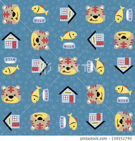 vector cartoon seamless pattern of cute kitten with pets elements 139552740