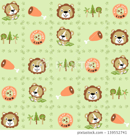 vector cartoon seamless pattern of cute lions with meat, footpath logo and trees vector cartoon seamless pattern of cute lions with meat, footpath logo and trees 139552741