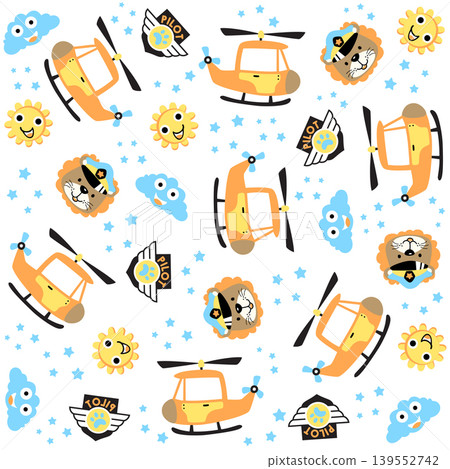 vector cartoon seamless pattern of cute lion with helicopter and sky objects vector cartoon seamless pattern of cute lion with helicopter and sky objects 139552742