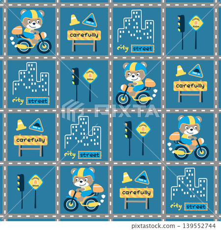 Vector cartoon seamless pattern of funny bear riding motorcycle with city traffic elements Vector cartoon seamless pattern of funny bear riding motorcycle with city traffic elements 139552744
