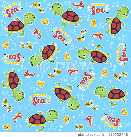 vector cartoon seamless pattern of funny turtle with marine animals on bubbles water background vector cartoon seamless pattern of funny turtle with marine animals on bubbles water background 139552748