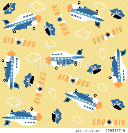 Vector cartoon seamless pattern of airplane with pilot cap, air transport elements Vector cartoon seamless pattern of airplane with pilot cap, air transport elements 139552749