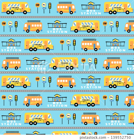 Vector cartoon pattern of buses with bus station and road sign Vector cartoon pattern of buses with bus station and road sign 139552750