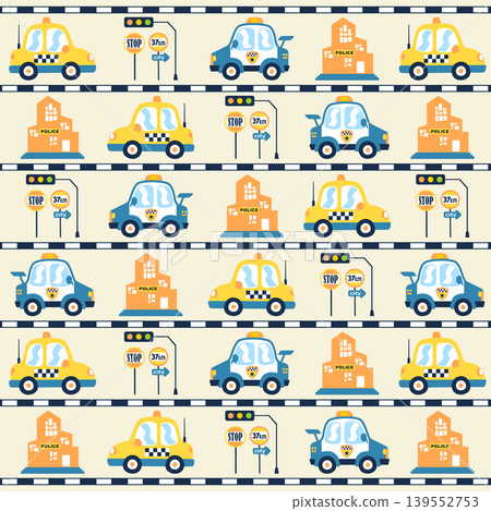 Vector cartoon seamless pattern of vehicles with city traffic elements Vector cartoon seamless pattern of vehicles with city traffic elements 139552753