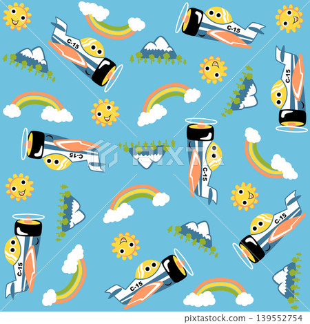 vector cartoon seamless pattern of cute airplane with sky objects and mountains vector cartoon seamless pattern of cute airplane with sky objects and mountains 139552754