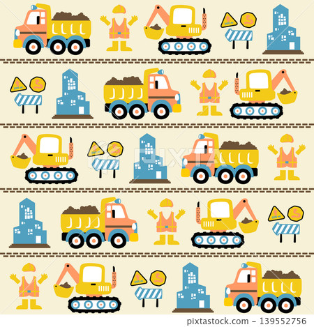 vector cartoon seamless pattern of construction vehicles with construction elements vector cartoon seamless pattern of construction vehicles with construction elements 139552756