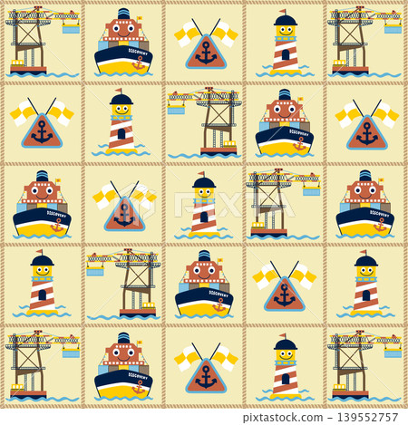 Vector cartoon pattern of funny cargo ship with cruise elements Vector cartoon pattern of funny cargo ship with cruise elements 139552757