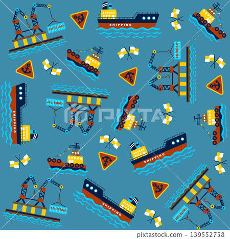 vector cartoon seamless pattern of cargo ship with port elements 139552758