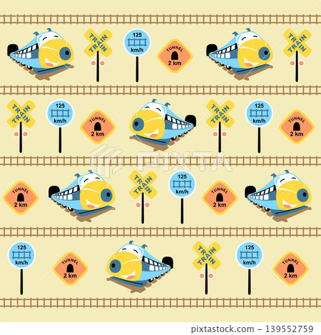 vector cartoon seamless pattern of funny fast train with railroad signs vector cartoon seamless pattern of funny fast train with railroad signs 139552759