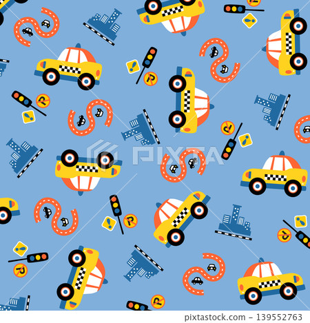 Vector cartoon pattern. yellow taxi with city traffic elements Vector cartoon pattern. yellow taxi with city traffic elements 139552763