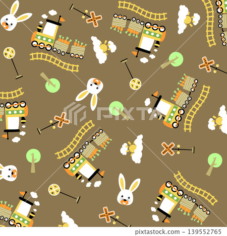 Vector cartoon pattern. Steam train elements with funny rabbit Vector cartoon pattern. Steam train elements with funny rabbit 139552765