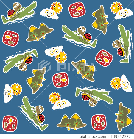 Vector cartoon seamless pattern of cute turtle ride on crocodile with fishes, mountain with funny sky object Vector cartoon seamless pattern of cute turtle ride on crocodile with fishes, mountain with funny sky object 139552772