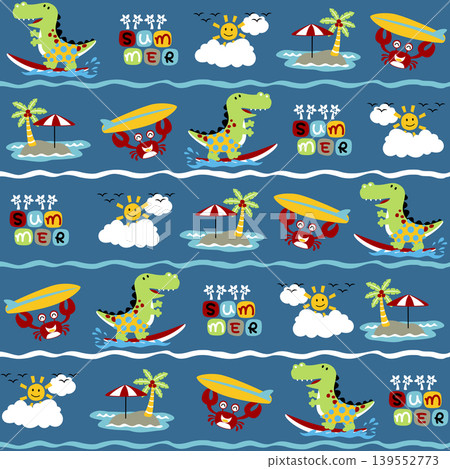 Vector cartoon seamless pattern, cute dinosaur with crab surfing in the beach, summer beach vacation elements Vector cartoon seamless pattern, cute dinosaur with crab surfing in the beach, summer beach vacation elements 139552773