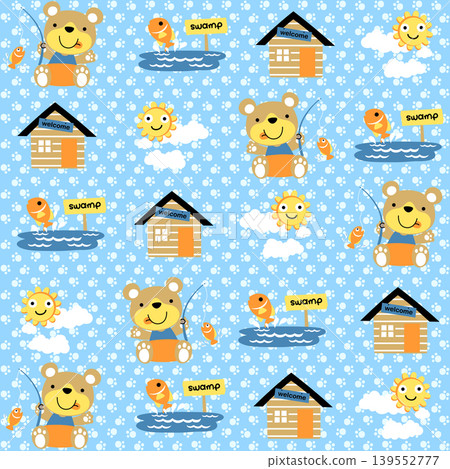 vector cartoon seamless pattern of cute bear fishing with fish in the swamp, sun on clouds with house on footpath background vector cartoon seamless pattern of cute bear fishing with fish in the swamp, sun on clouds with house on footpath background 139552777