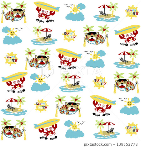 vector cartoon seamless pattern of little cat sleeping on hummock in the beach, crab holding surfboard, summer beach vacation elements vector cartoon seamless pattern of little cat sleeping on hummock in the beach, crab holding surfboard, summer beach vacation elements 139552778