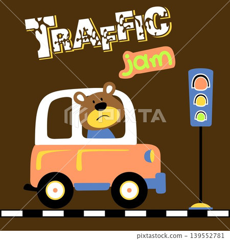 vector cartoon of cute bear driving car in traffic jam vector cartoon of cute bear driving car in traffic jam 139552781