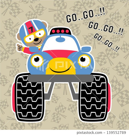 Cute bear driving monster truck on finish flags background pattern, vector cartoon illustration Cute bear driving monster truck on finish flags background pattern, vector cartoon illustration 139552789