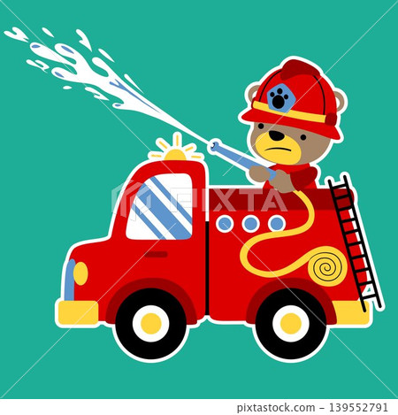 vector cartoon of funny bear on firetruck spraying water vector cartoon of funny bear on firetruck spraying water 139552791