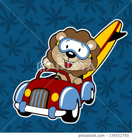 vector cartoon of cute lion driving car carrying surfboard on palm tree background pattern vector cartoon of cute lion driving car carrying surfboard on palm tree background pattern 139552793