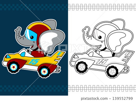 Cute elephant on racing car, vector cartoon. Coloring page or book Cute elephant on racing car, vector cartoon. Coloring page or book 139552799