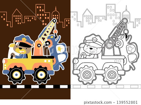 Cute bear driving a tow truck towing broken car, vector cartoon illustration. Coloring page or book Cute bear driving a tow truck towing broken car, vector cartoon illustration. Coloring page or book 139552801